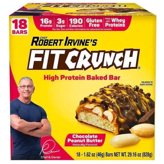 Chef Robert Irvine’s Fitcrunch Whey Protein Bars, 18-count, 1.62oz, Chocolate Peanut Butter
