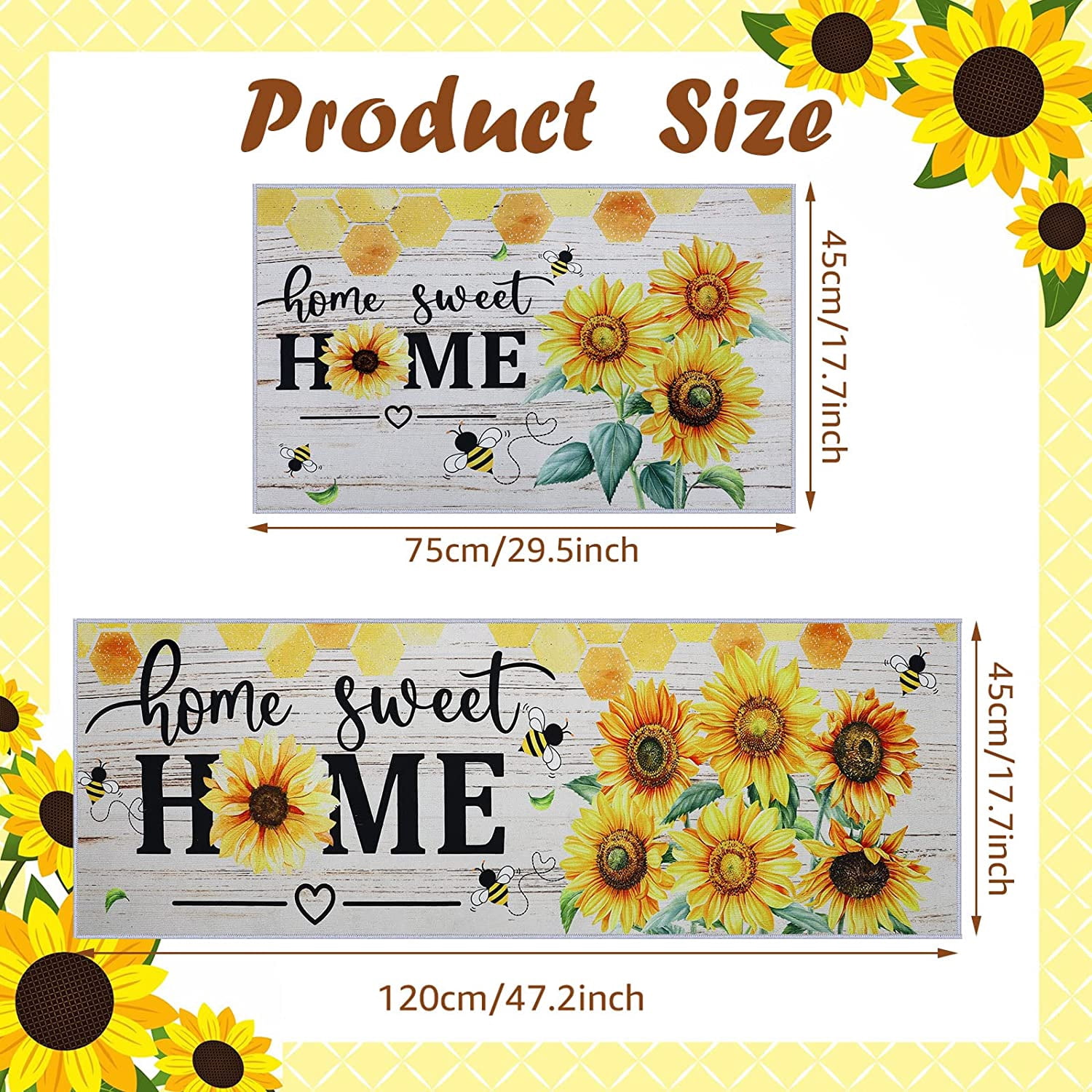 2 Pieces Sunflower Kitchen Rugs Set Kitchen Mats Non Slip Rubber Backing Area Sunflower Rug Home Sweet Home Doormat Washable Indoor Outdoor Floor Mats Country Kitchen Decor, 17 x 30, 17 x 47