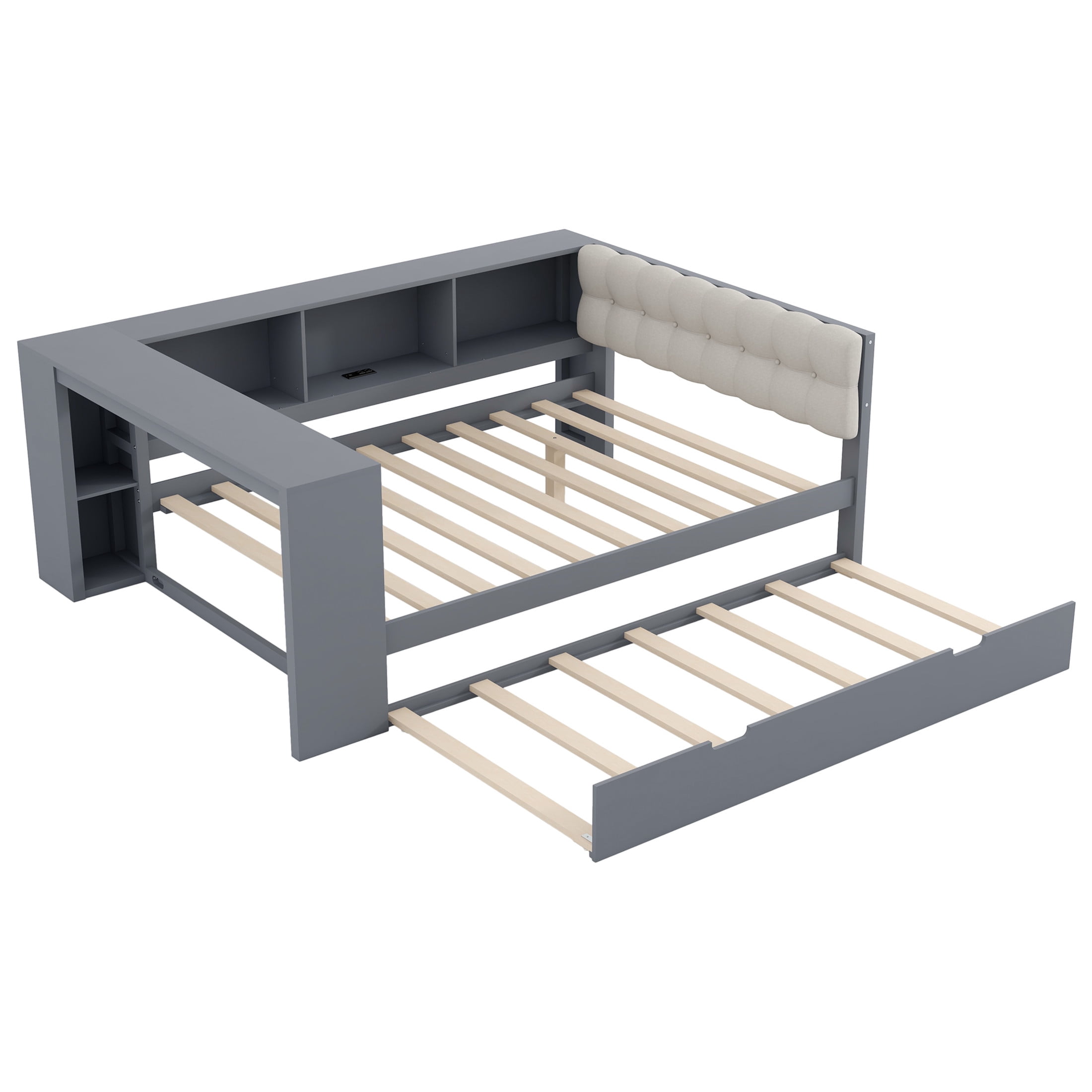 Noble House Full Wooden Platform Bed, Upholstered Headboard, Storage Shelves, Charging Station and Trundle, Gray