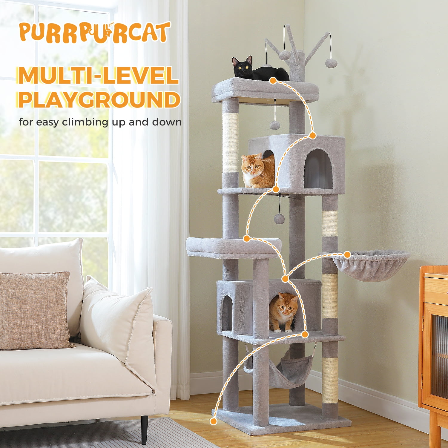 Pefilos 74" Large Cat Tree Tower for Indoor Cats, Fat Cats with Big Hammock, Cat Climbing Tree with Scratching Posts, Condo House and Top Perch, Gray