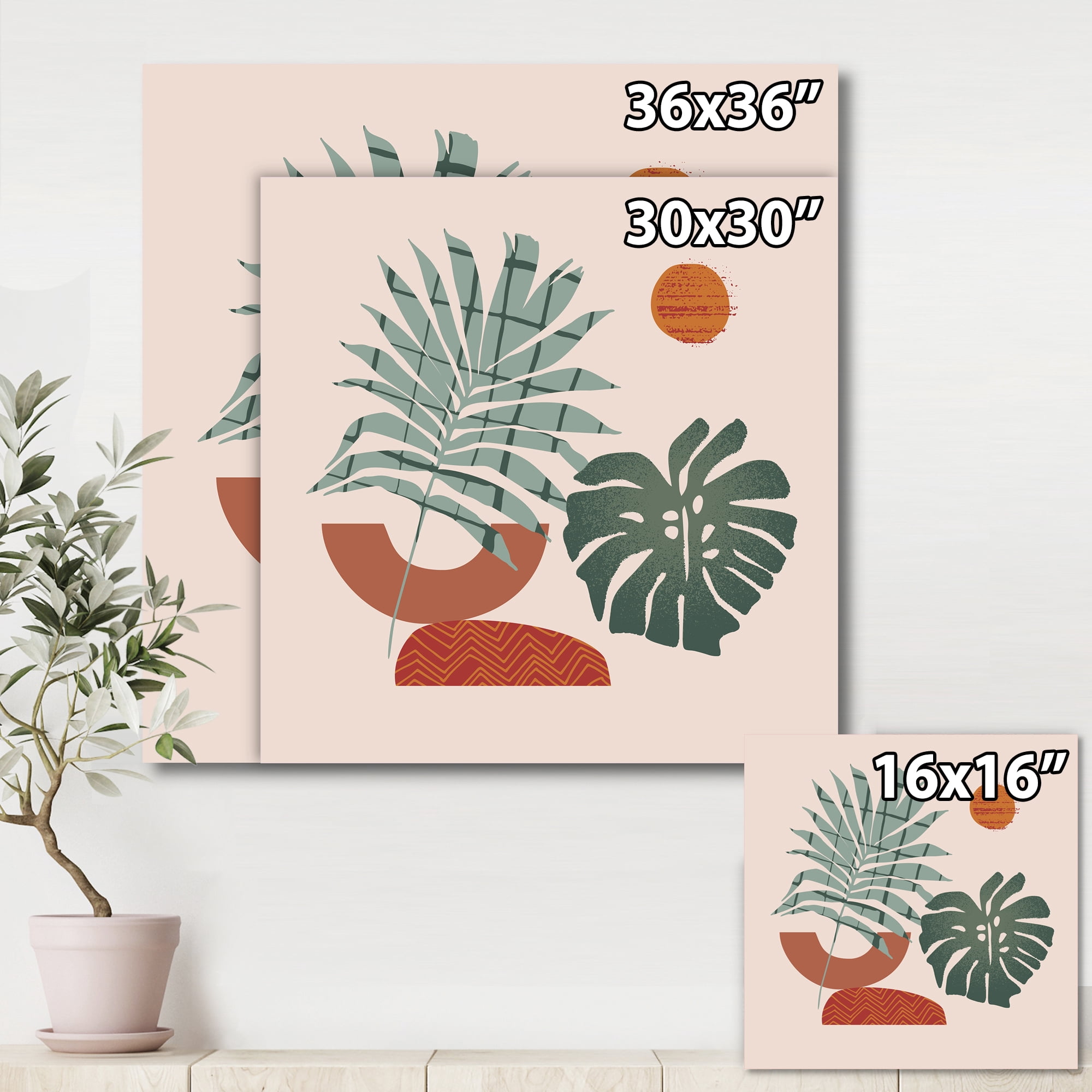 Designart ' Sun and Moon Shapes In Retro Green & Terracotta Tone ' Modern Canvas Wall Art Print