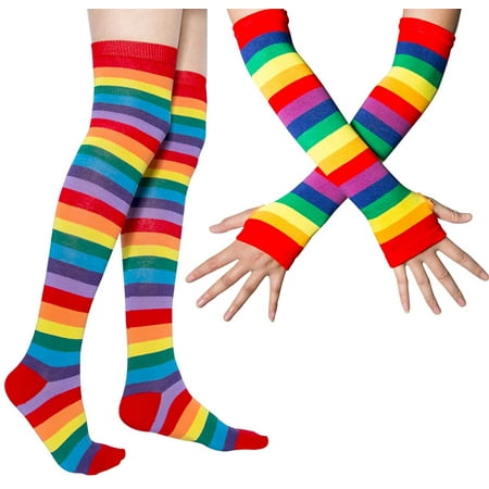 

Womens Rainbow Socks Striped Knee High Socks Arm Warmer Fingerless Gloves Set