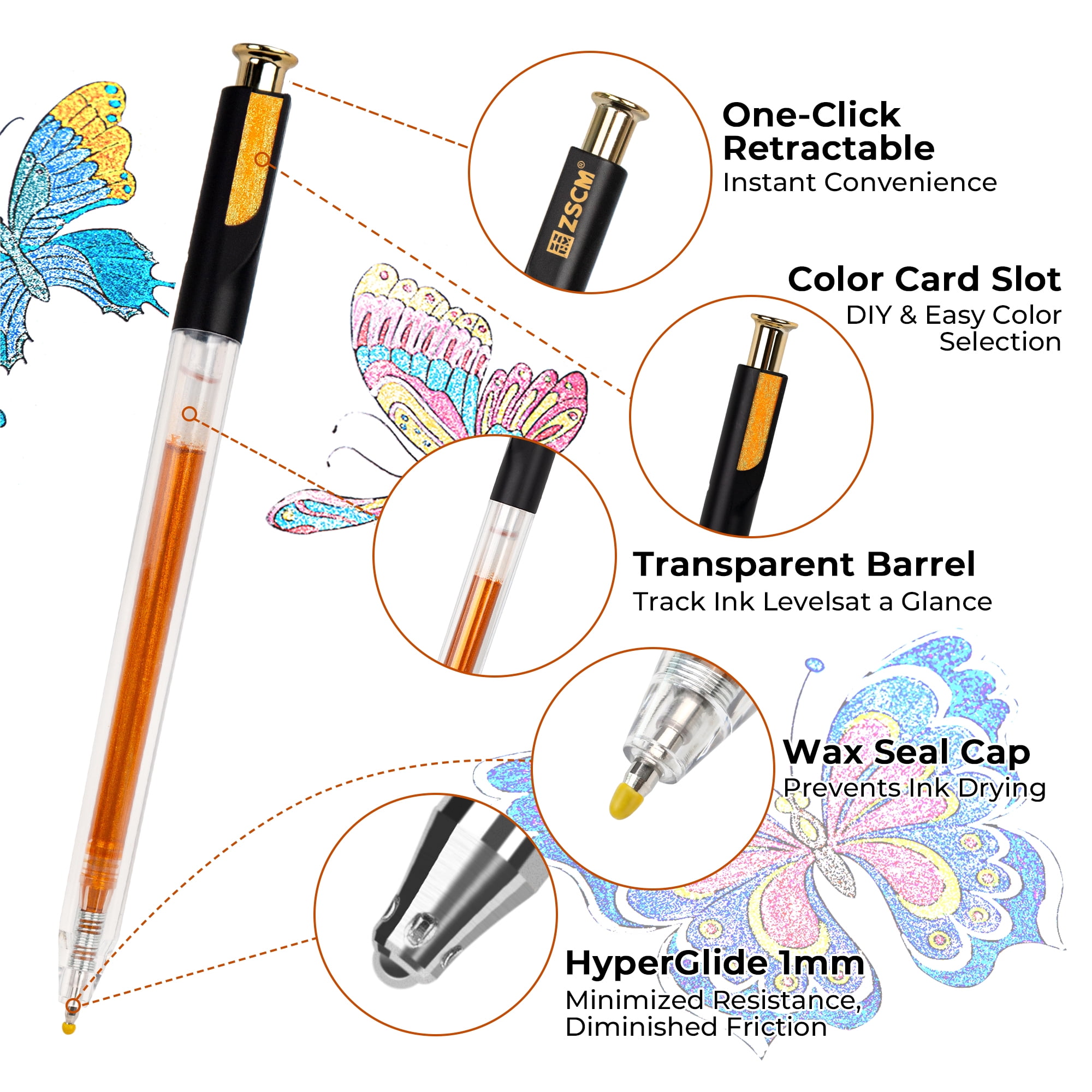 Retractable Super Glitter Gel Pens, 24 Colors Large Capacity Metallic Sparkle Gel Ink Pen for Adult Coloring Book Note Taking Aesthetic Art Supplies