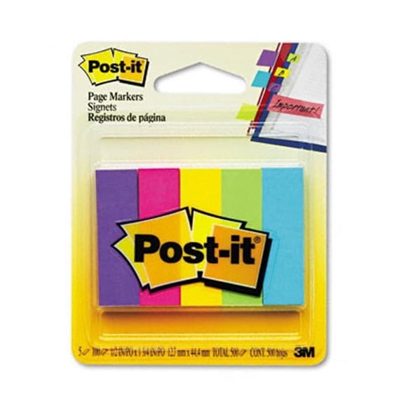 Sticky note Flags Page Markers- Five Assorted Ultra Colors- 5 Pads of 100 Strips/Pack