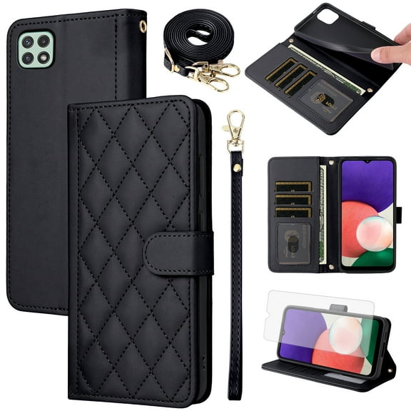 Furiet Argyle Wallet Case for Samsung Galaxy A22 5G with Tempered Glass Screen Protector Wrist Strap Shoulder Strap, Card Slots Luxury PU Leather Stand Phone Cover for A 22 22A A22s G5 Women Black
