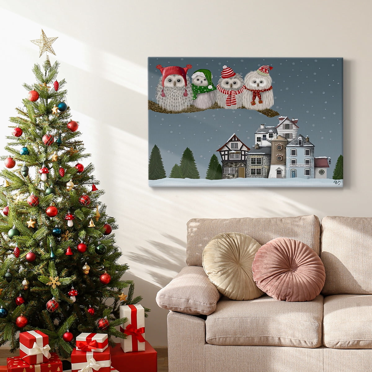 Christmas Christmas Owl Village- Gallery Wrapped Canvas