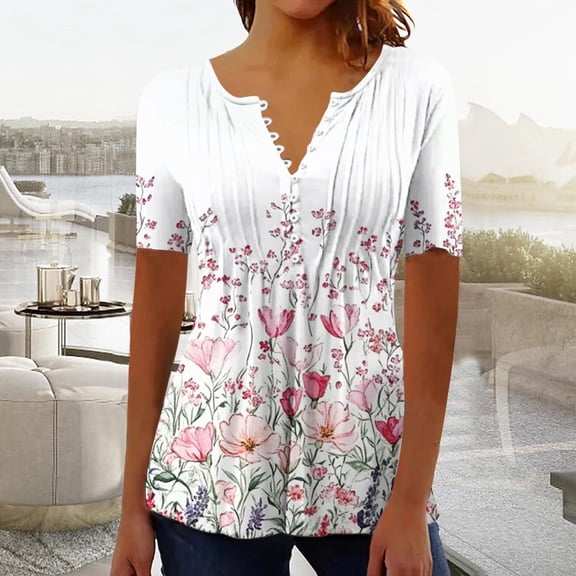 Inverlee Womens Plus Size Short Sleeve Button Tunic Tops Summer Trendy Floral Print V Neck Blouse Dressy Casual Pleated Shirts