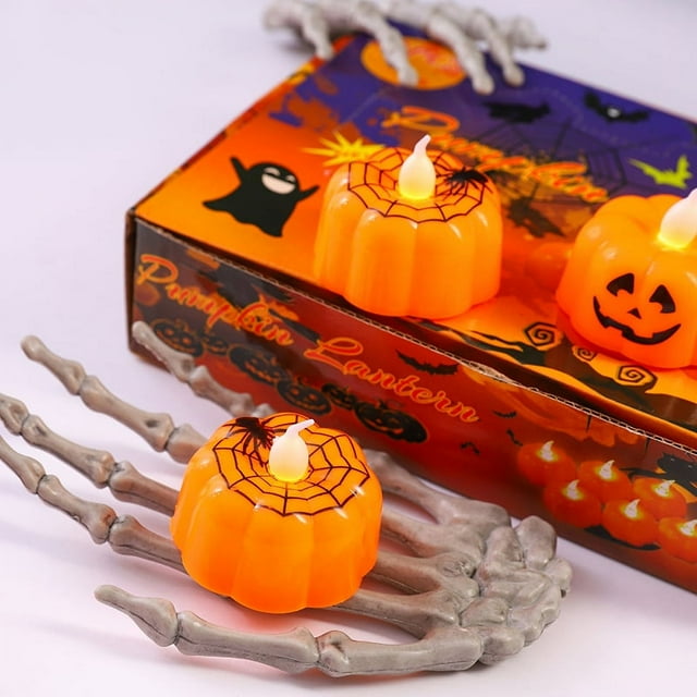 Paquete de 12 luces de té de linterna parpadeantes LED, velas de calabaza que funcionan con pilas Luz para el festival de otoño Noche de Halloween Fiesta