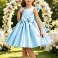 thumbnail image 2 of Girls Satin Mini Princess Dresses Trendy Sleeveless Ruched A Line Bow Detail Gown for Wedding Birthday Party Pageant Holiday Ceremony Blue 1-2 Years, 2 of 6