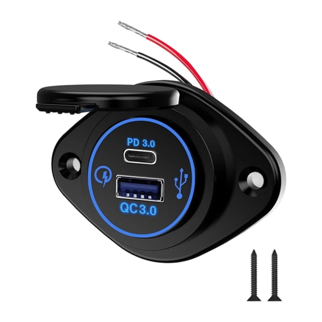 Cargador de coche, carga rápida, 2 puertos de repuesto para bricolaje, 12-24 V, impermeable, multiusos luz azul