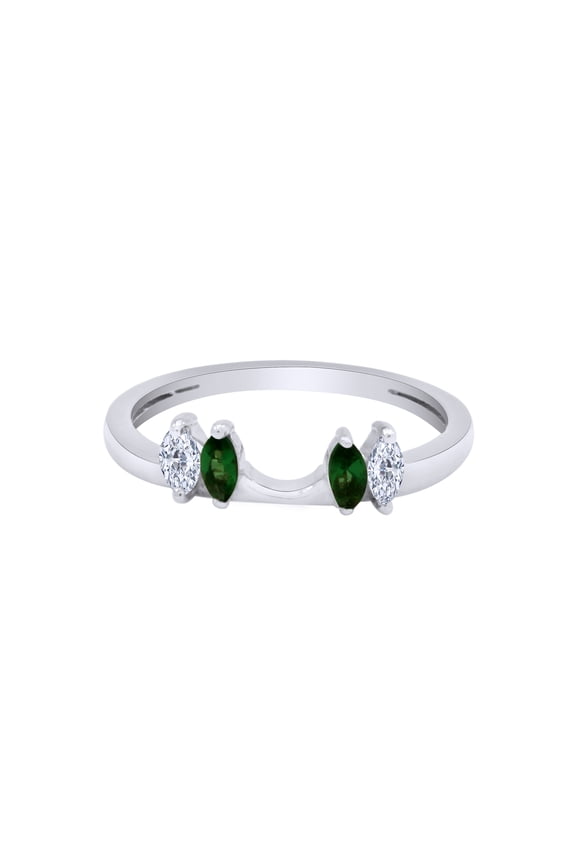 Marquise Shape Simulated Green Emerald & Cubic Zirconia Enhancer Guard 14K White Gold Ring Size - 6