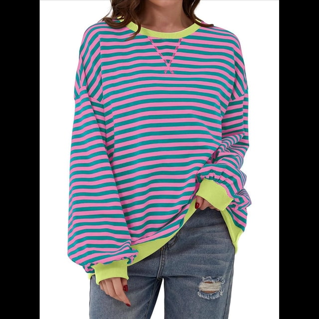 Sudadera Holgada Informal de Larga con Cuello Redondo y Bloques de Colores A Rayas de Gran Tamaño para Mujer, Estilo Y2K Rosa Verde L