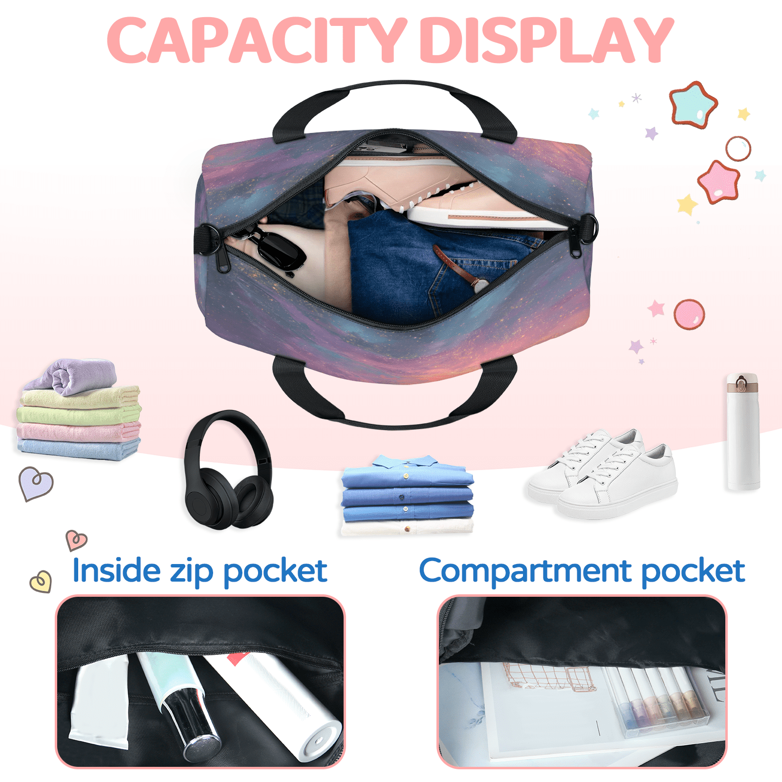 Herdesigns Ocean Beach Gym Bag for Women, Duffle Bag for Travel Sport, Galaxy Star Lightweight Waterproof Carry on Weekender Dance Yoga Workout Bags