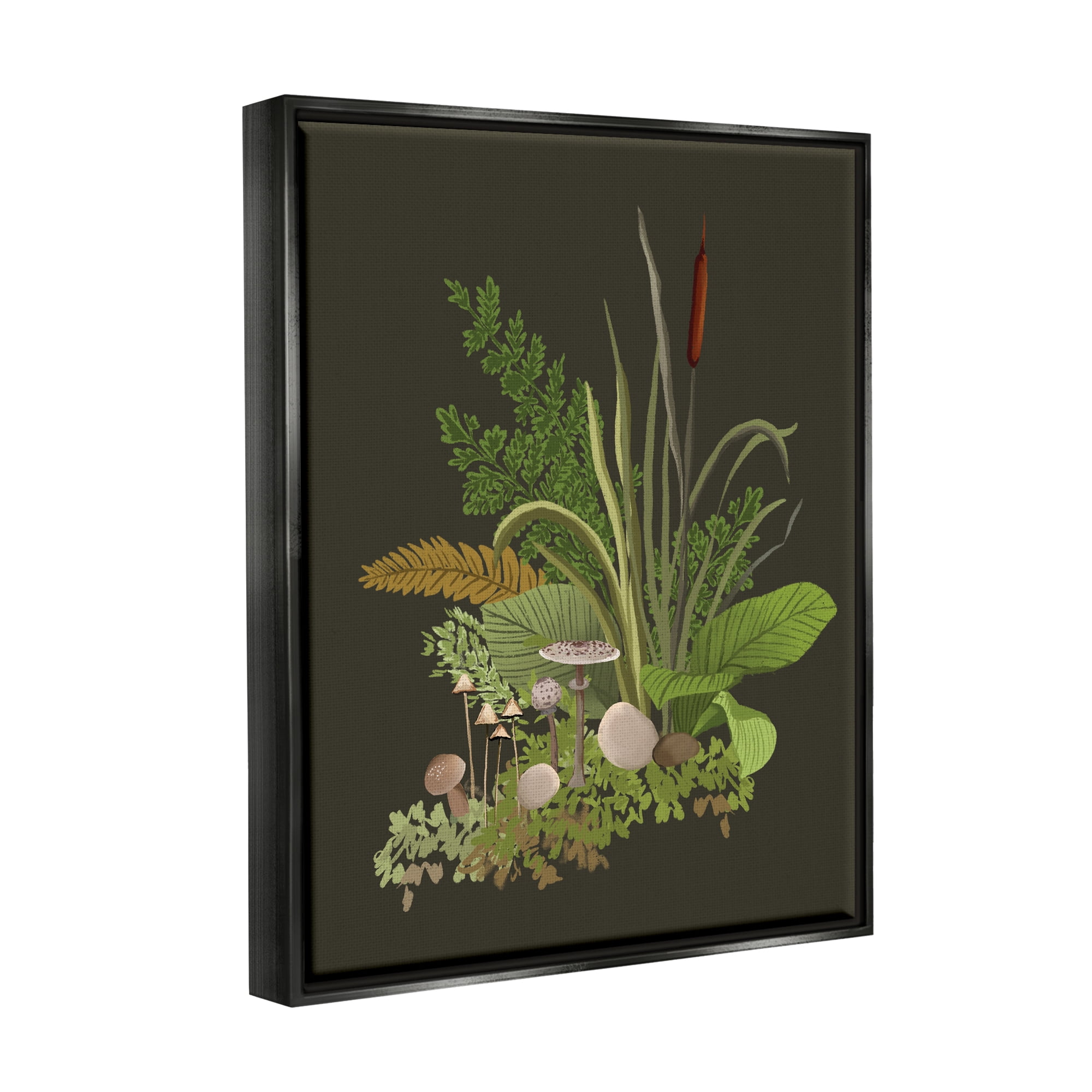 Stupell Industries Natural Forest Floor Botanical Arrangement Mixed Mushrooms Ferns Graphic Art Jet Black Floating Framed Canvas Print Wall Art, Design by House of Rose