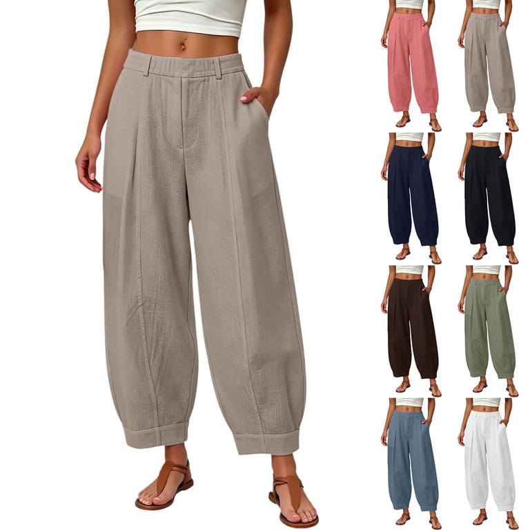 Gsakboxl Pants for Women High Waist Pocketed Cotton Linen Loose
