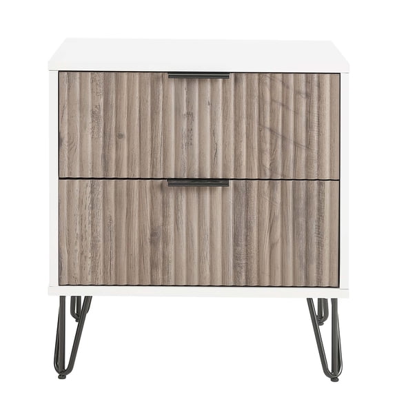 JERFIT 20 inch Glam Nightstand with Gold Legs, 2-Drawer Fluted Bedside Table for Bedroom, Rustic Gray and White MDF Storage Cabinet