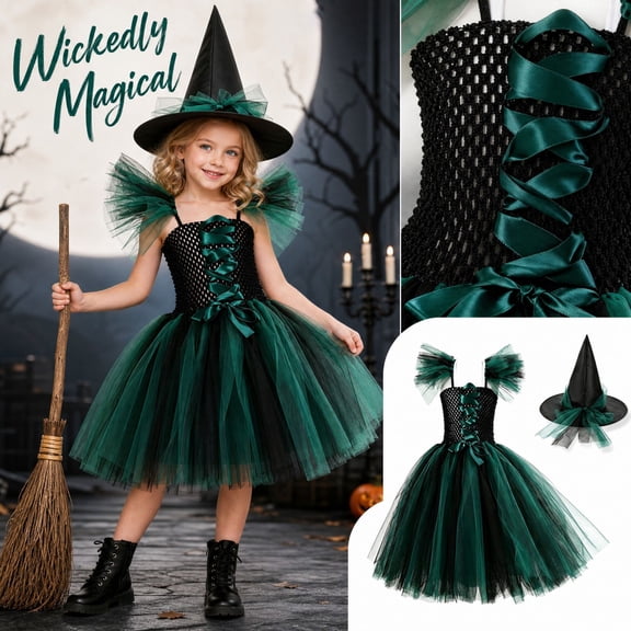 Girls Halloween Mesh Dress Costume Set With Matching Witch Hat, Two-Piece Outfit For Dance Recitals, Stage Performances, Dress-Up Parties, School Events And Themed Photo Sessions