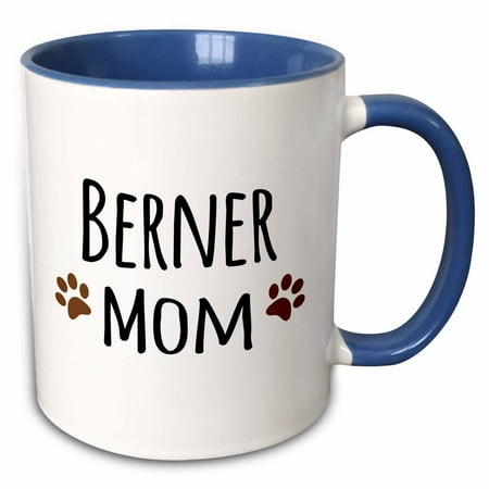 

3dRose Berner Mom - Bernese Mountain Dog - doggie by breed - brown muddy paw prints - doggy lover pet owner - Two Tone Blue Mug 15-ounce