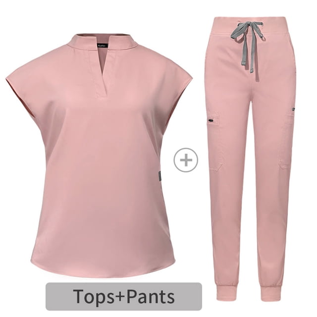 UPPADA Scrub Sets for Woman Solid Color V-Neck Short Sleeve Long Pants and Scrub Tops Nurse Uniform Soft Stretch Easy Care Women Tops Set with Pockets Pink,S