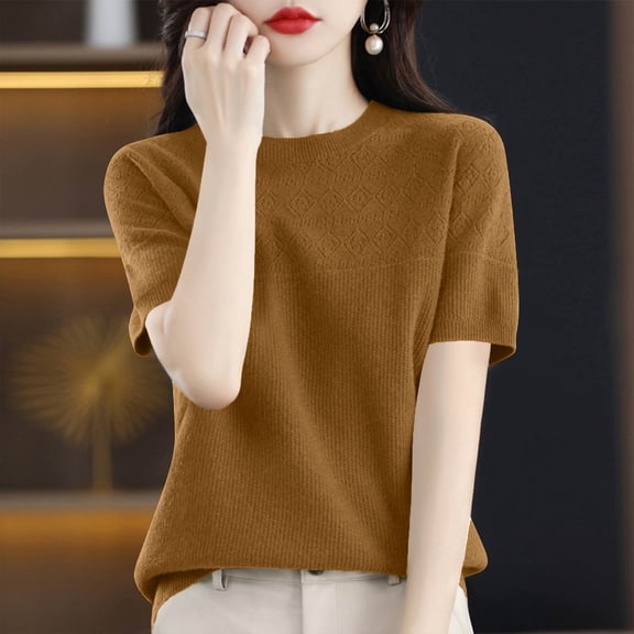 Short Sleeve Sweater Women Summer Crew Neck Dressy Casual Soft Knit Pullover Tops Trendy Khaki XL