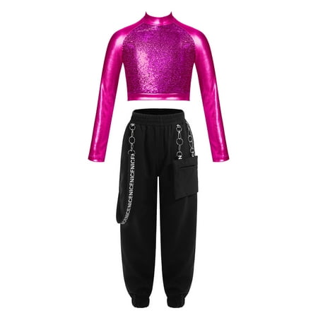 CHICTRY Kids Girls Hip Hop Dance Skateboarding Outfit Metallic Cropped Tops with Chain Pocket Pants Hot Pink 6