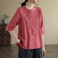 thumbnail image 5 of Homenesgenics Womens Tops under $5 Women's Casual Solid Color Vintage Cotton Linen T-shirt Embroidered Crew-Neck Tops Short Sleeve Tops/shirt Red M, 5 of 8