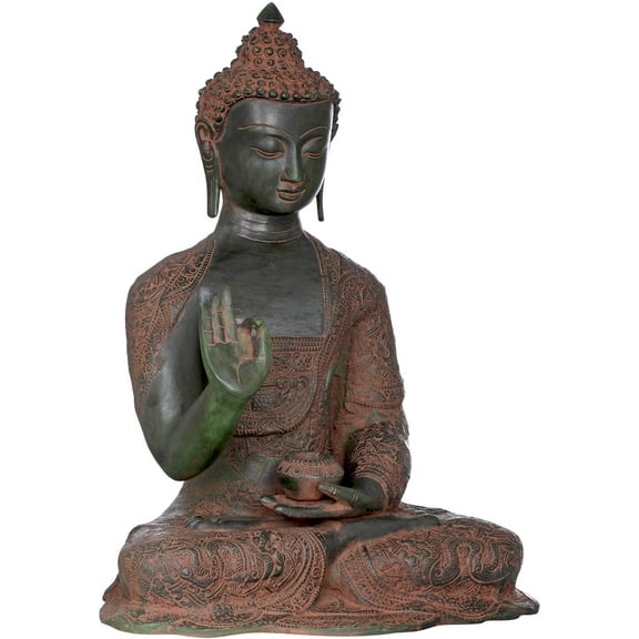 Seated Lord Buddha, His Robe is Fully Carved With Symbols and Figures (Tibetan