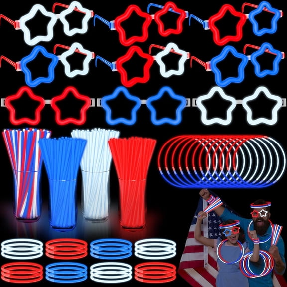 Glow Party Supplies Set, 126-Piece Bracelets And Necklaces With Connectors, 6 Red White Blue Glasses, Glow In The Dark Favors For Kids And Adults, 4th Of July