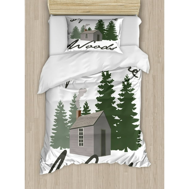 Log Cabin Duvet Cover Set, Image of a Rustic Lodge in a Forest with