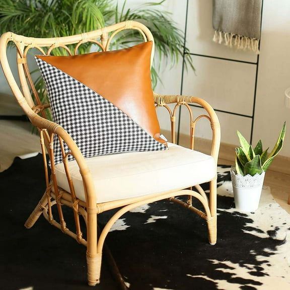 Boho-Chic Handcrafted Decorative Single Throw Pillow Cover Vegan Faux Leather Houndstooth 18" x 18" Brown & Black Square for Couch, Bedding