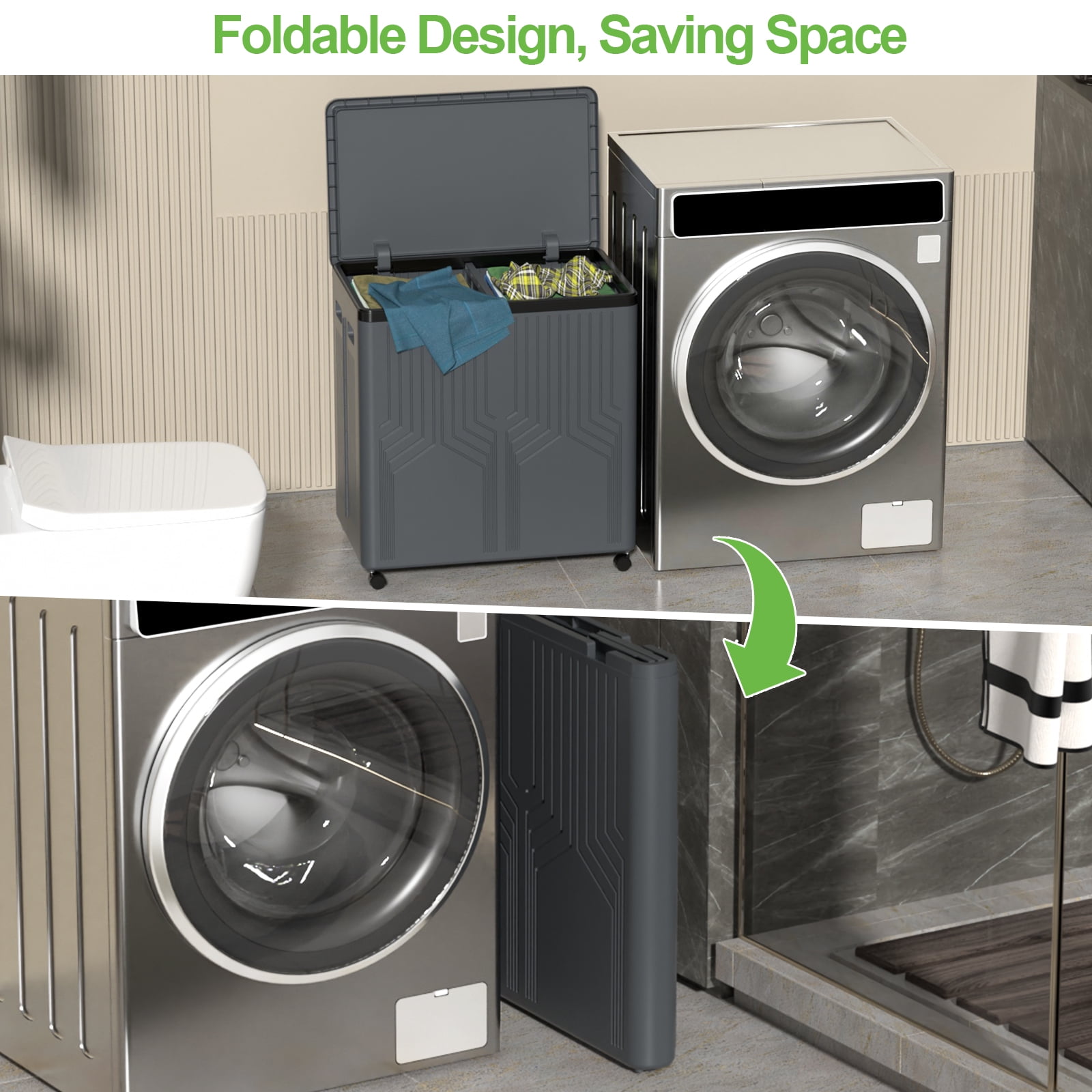 Doryh 120 L Double Plastic Laundry Hamper with Wheels, Collapsible 2 Section Laundry Hamper with Lid, Grey