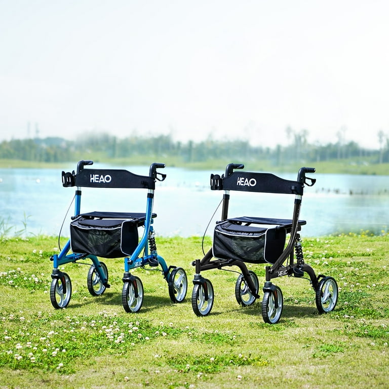 HEAO Rollator Walker Black with Seat, 10-inch Wheels, Shock