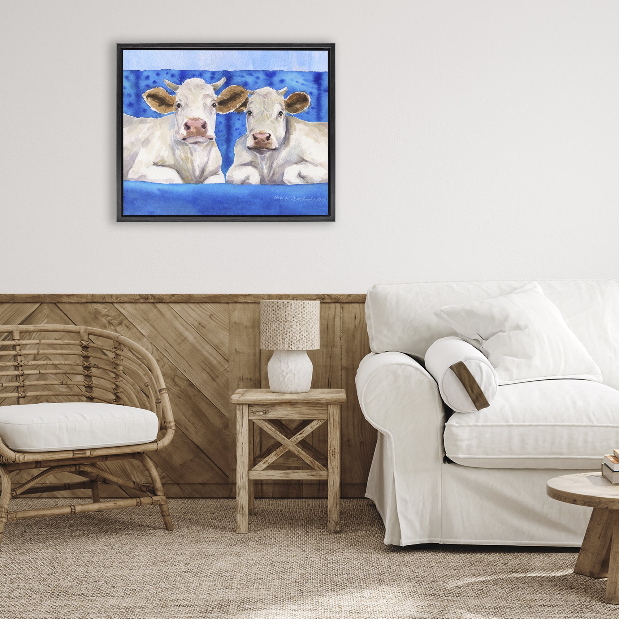 Stupell Industries White Cows on Blue Sofa Black Framed Floater Canvas Wall Art, design by George Dyachenko