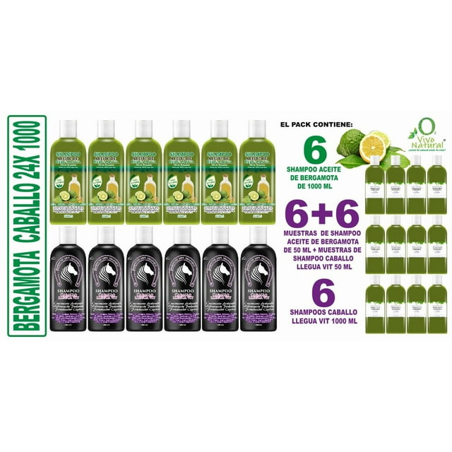 Bergamota-Caballo Mix 24X 1000 VIVONATURAL. 6 Shampoos de Bergamota 1000 ml + 6 Shampoos LleguVit 1000 ml + 6 muestras Shampoo de Bergamota 50 ml + 6 Muestras Shampoo LleguaVit 50 ml