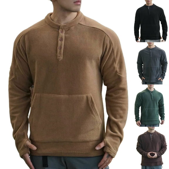RongHuan Men's Henley Shirts Long Sleeve Button Up T-Shirt Casual Thermal Workout Tee Top with Pockets