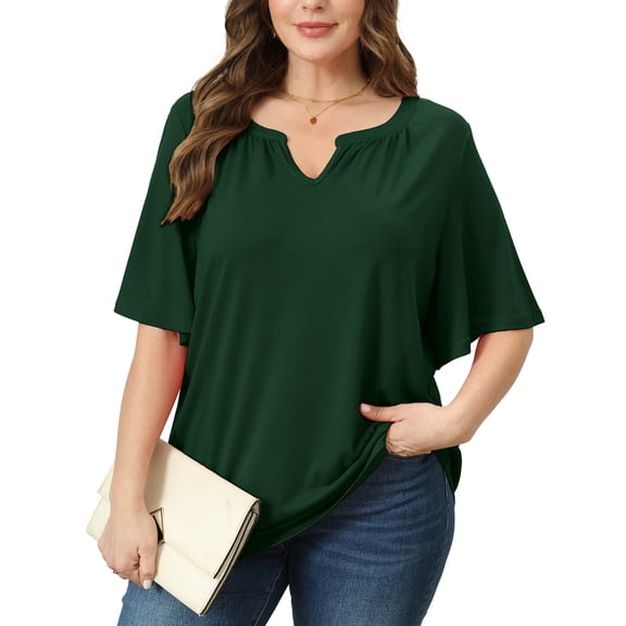 SHOWMALL Women's Plus Szie Tops V Neck Loose Fit Short Sleeve Dark Green 3X Casual Blouse for Summer Relaxed Style Shirts Everyday Wear Outfit