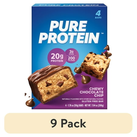 (9 pack) Pure Protein Bars, Chewy Chocolate Chip, 20g Protein, Gluten Free, 1.76 oz, 4 Ct