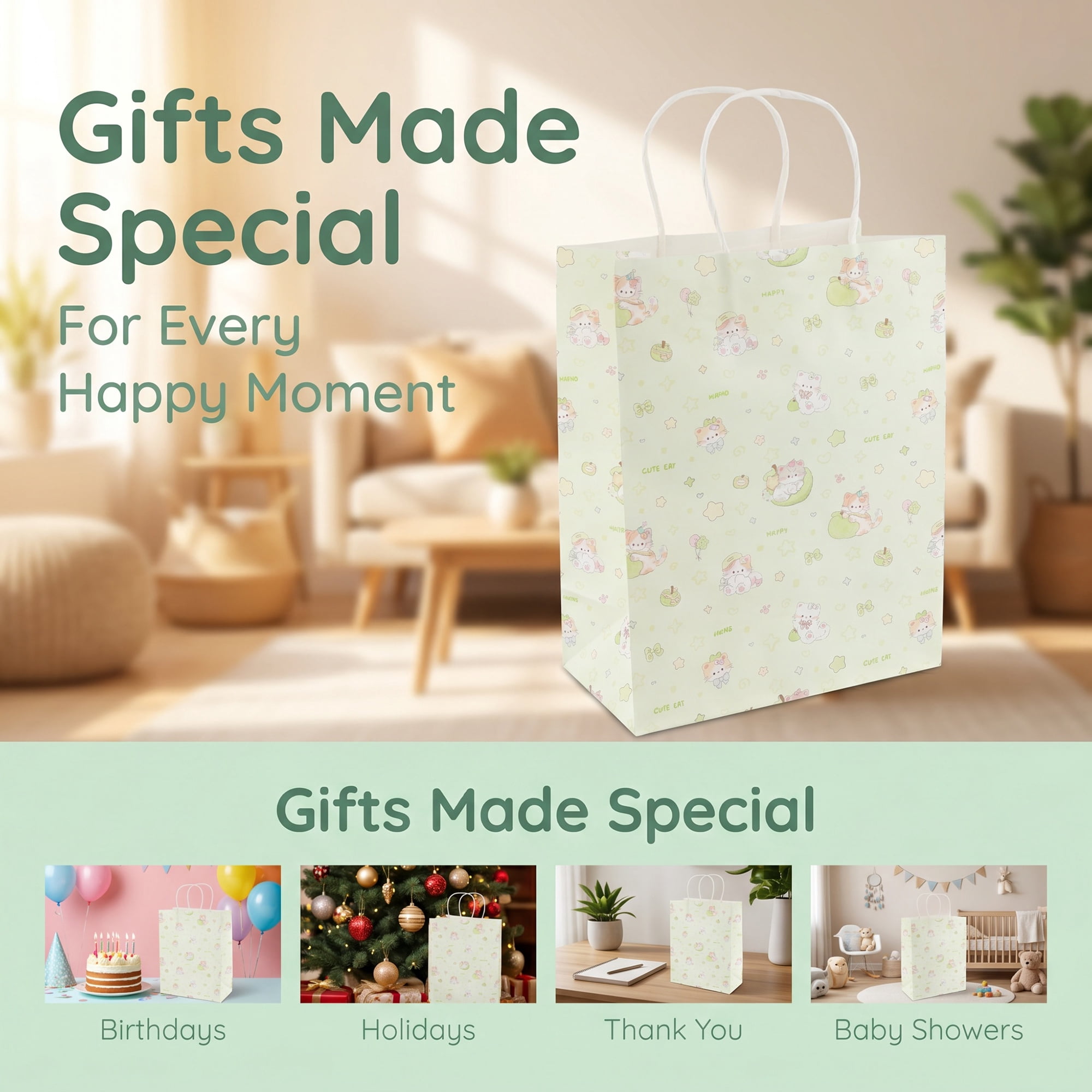 Unique Bargains 6Pcs Thick Cartoon Paper Gift Bags with Handles Green 8.3" x 4.3" x 10.6"