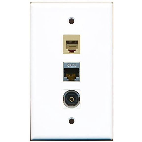 RiteAV - 1 Port Phone RJ11 RJ12 Beige and 1 Port Shielded Cat6 Ethernet and 1 Port Toslink Wall Plate