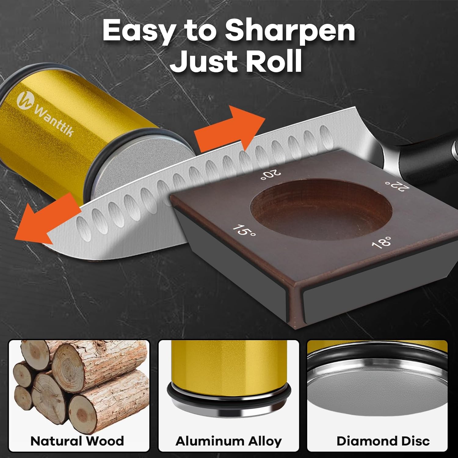 Rolling Knife Sharpener Kit, Upgraded Roller with Leather Strop for Kitchen Knives, 4-Disc Stone Sharpener 15-22 Degree Sharpening, Gold