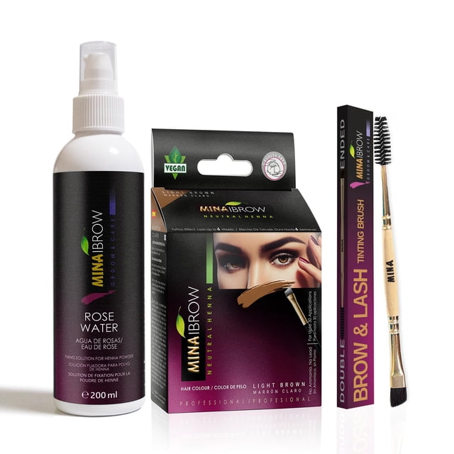 Kit de tinte capilar instantáneo MinaiBrow Castaño claro | del 100 % de las canas, hasta 30 aplicaciones, polvo colorante natural para manchas, con agua de rosas y cepillo doble en ángulo, a prueba
