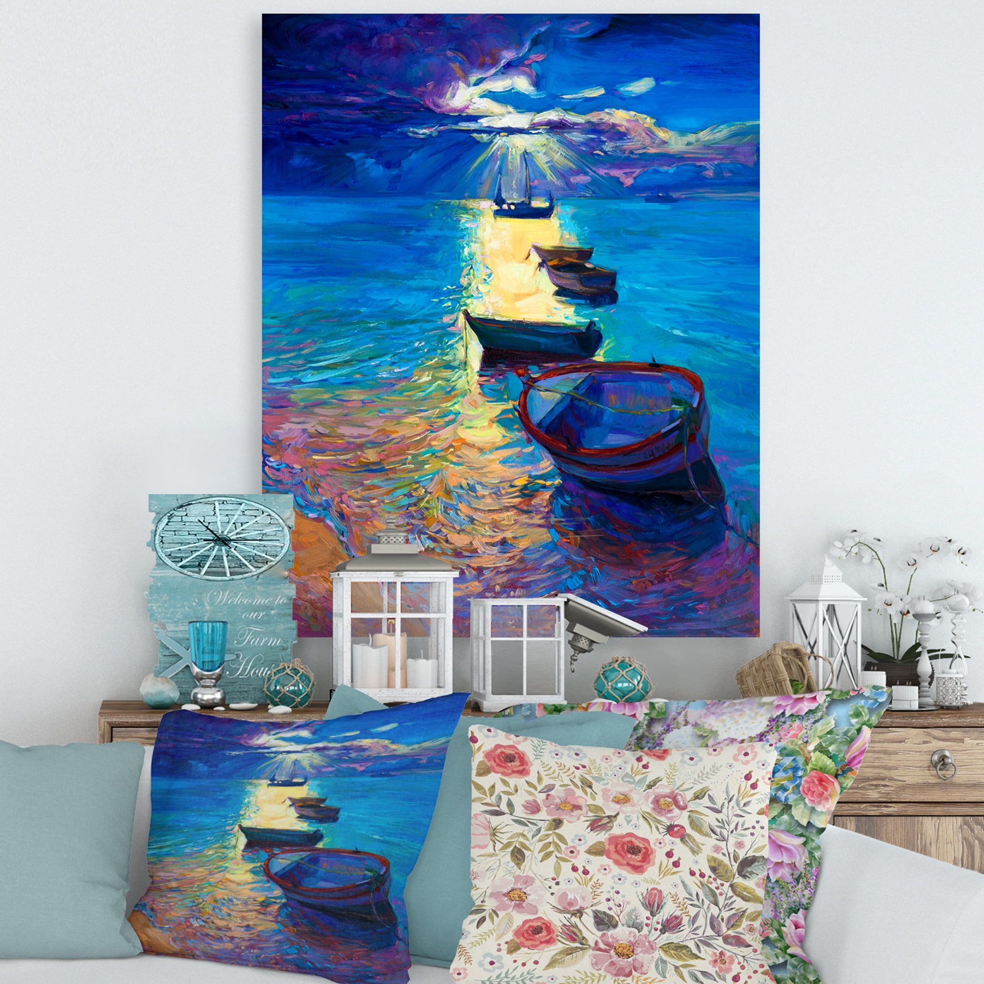 Designart ' Fishing Boats On The Water With Dark Blue Sky Illustration ' Lake House Canvas Wall Art Print