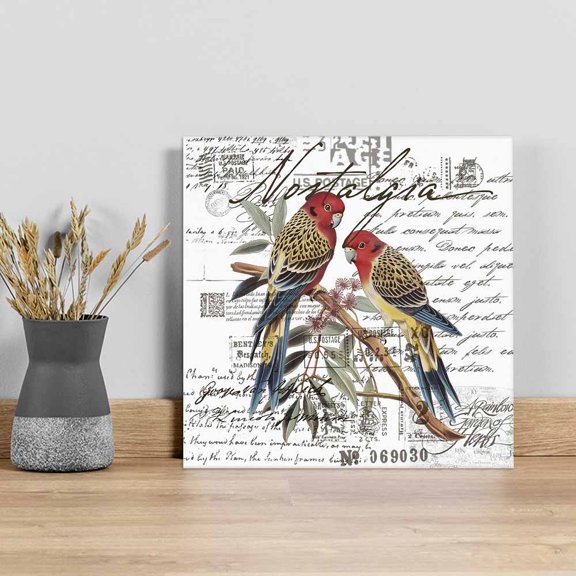 Farmhouse Birds Wall Art Painting on Canvas, Country Envelope Postmark Botancial Canvas Art Home Prints Wall Art Framed Modern Artwork for Living Room Bedroom Wall Decor 8x8in