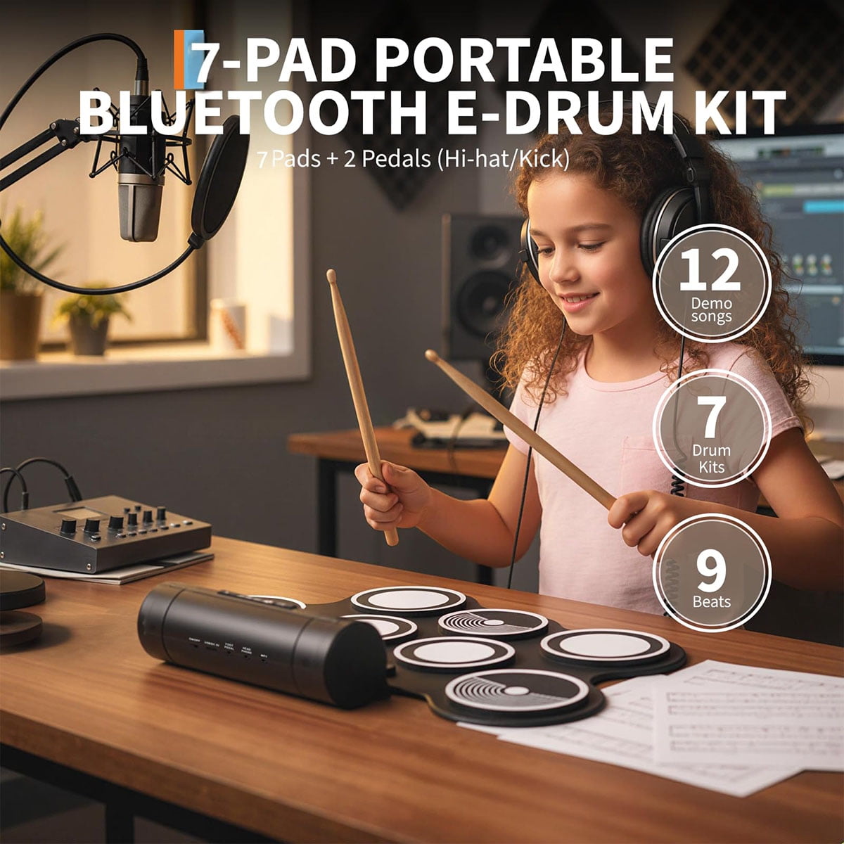 Danolapsi Electronic Drum Set with 7/9 Pads & Free Learning App, Dual Built-In Speakers, Bluetooth MIDI Connectivity, Includes Drum Sticks & Pedals,Ideal Gift for Beginners