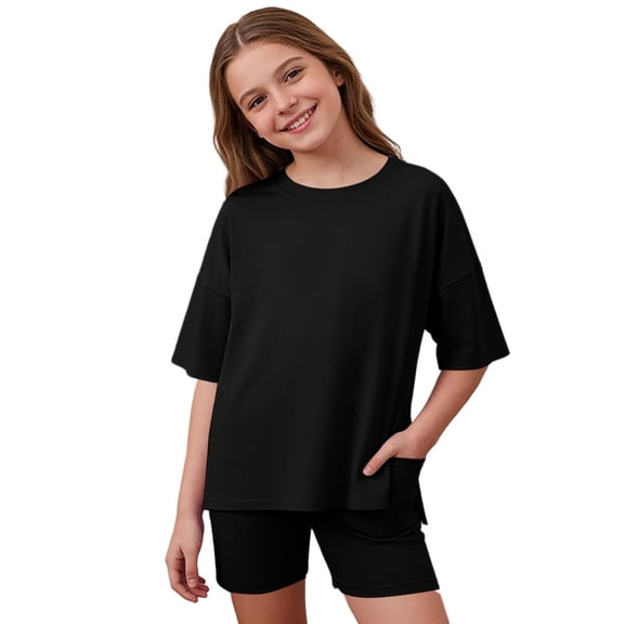 Yuncity Toddler Girls Outfits Summer Crew Neck Short Sleeve Casual Two Piece Loose Shirt And Cycling Shorts Cozy Sets Size 5-6 Years Black