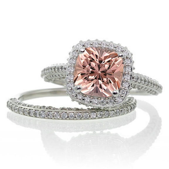 2.5 Carat Cushion Cut Designer Morganite and Diamond Halo Wedding Ring Set on 10k White Gold