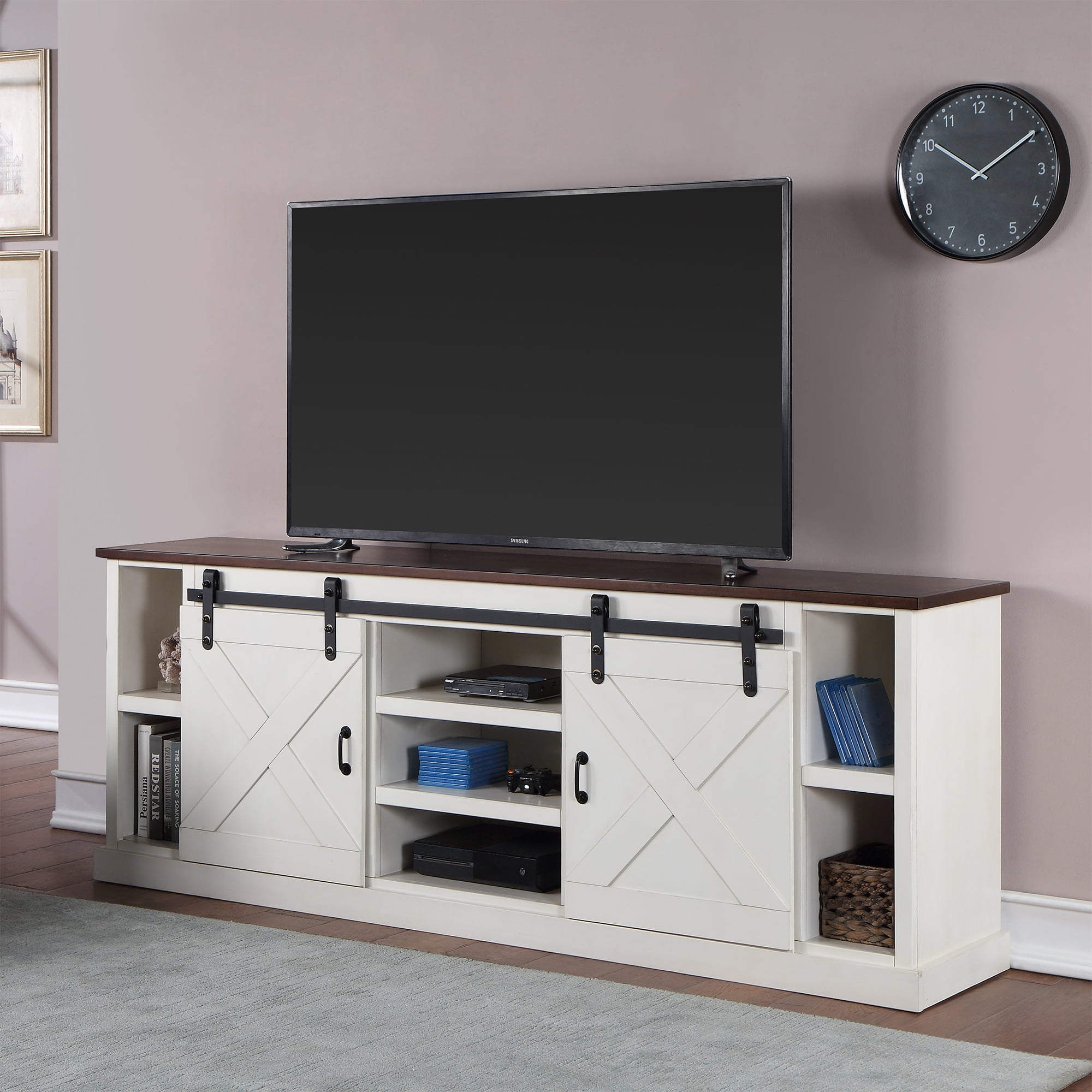 Bridgevine Home Modern Farmhouse 85 Inch TV Stand, Wood TV Stand for 75