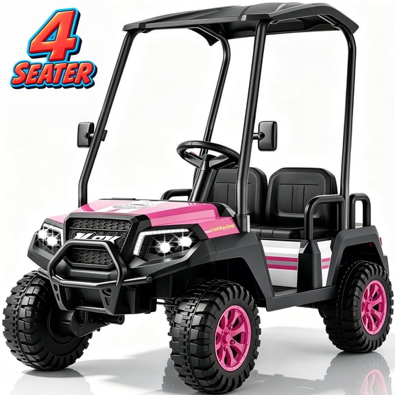 YorRover 4 Seater Kids' Golf Cart, 24V Electric Ride-On, 4×75W Motors, Parental Remote Control, 4WD Spring Suspension, Detachable Awning, Bluetooth & LED Lights, for Kids Ages 3 and up, Pink.