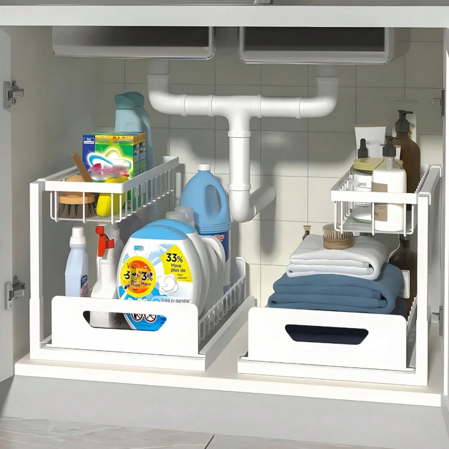 NTGFU 2 Tier Gray Under Sink Organizers and Storage, Slide Out Pull Out Cabinet Organizer Shelf, Metal Sliding Drawer for Kitchen Bathroom Pantry Cabinet Closet Organization Rack
