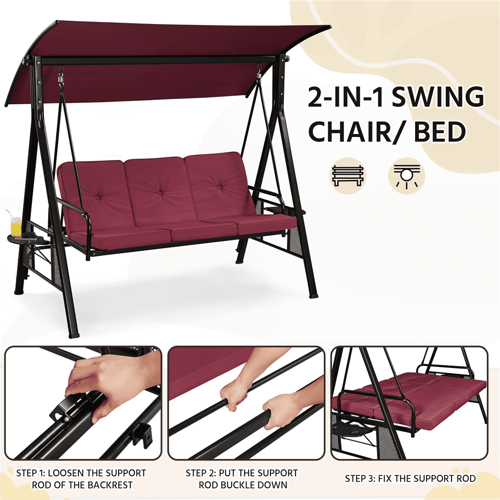 Alden Design 3-Seat Deluxe Swing Chair with Padded Seat Cotton-Padded Seat for Outdoor, Burgundy
